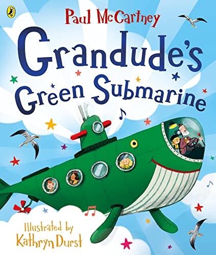 Green submarine illustration with people inside, set against a blue sky.