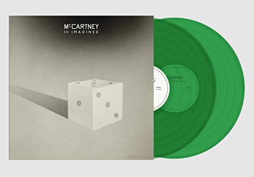 McCartney III Imagined album cover featuring a die next to two translucent green vinyl records.