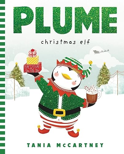 Book cover: penguin dressed as an elf with gifts and winter scene.