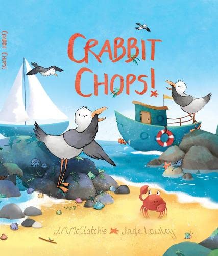 Book cover with seagulls, a boat, crab, and beach scene.