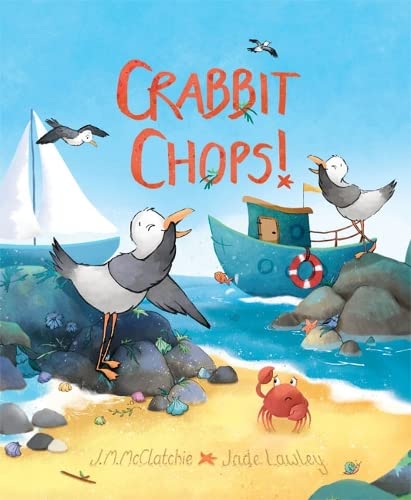 Illustration of seagulls, a boat, and a crab on a beach with blue sky.