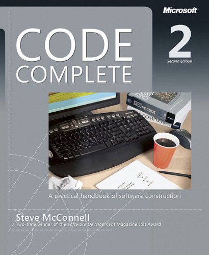 Book cover for Code Complete Second Edition by Steve McConnell featuring a desk workspace.