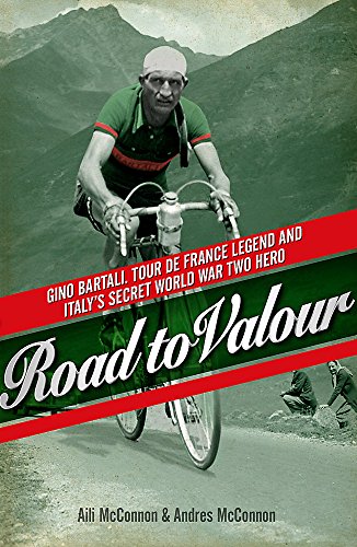 Vintage photo of cyclist Gino Bartali on a mountain road, book cover.