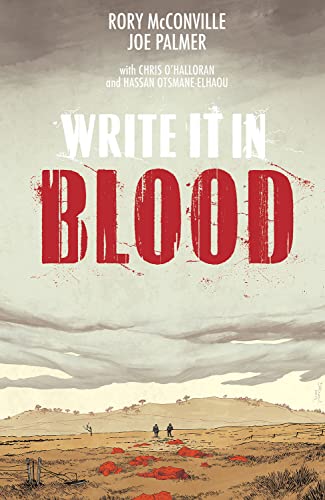 Book cover: "Write It In Blood" with blood-splattered text and a desert landscape.