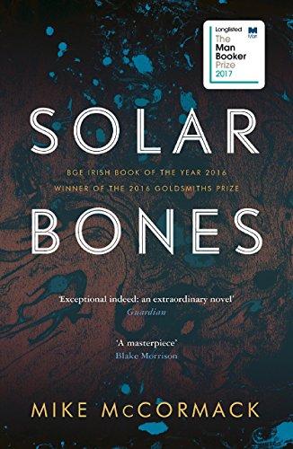 Book cover for Solar Bones by Mike McCormack with dark, marbled blue and orange background.