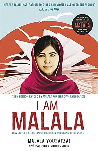 Book cover featuring a portrait of Malala Yousafzai wearing a red headscarf.
