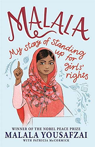 Book cover illustration of Malala Yousafzai wearing a headscarf and speaking at a podium.