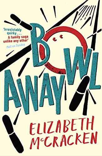 Book cover for “Bowlaway” with bowling pins and abstract red lines.