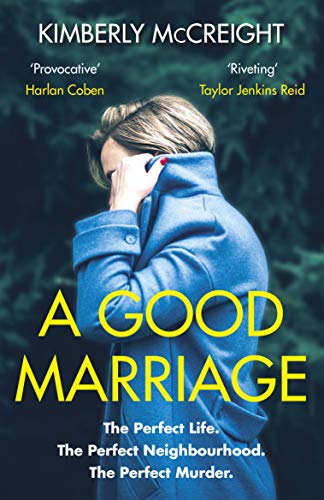 Book cover: woman in blue coat, hand to face, titled "A Good Marriage".