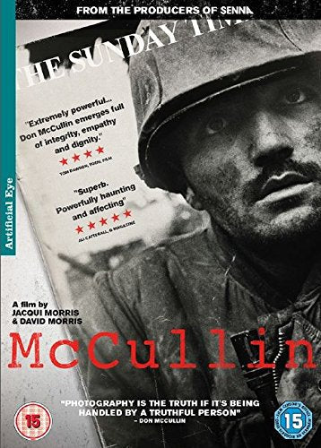 DVD cover for "McCullin" featuring a black-and-white soldier's portrait with red title text.