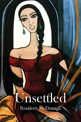 Book cover: painted portrait of a woman in red, titled "Unsettled".
