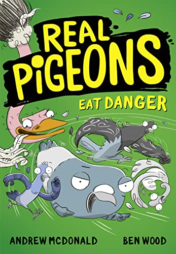 Book cover with cartoon pigeons in humorous poses on a green background.