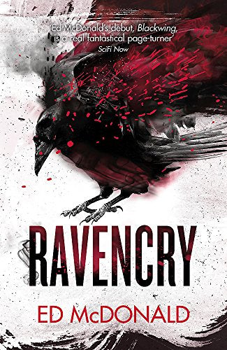 Book cover: "Ravencry" by Ed McDonald, featuring a raven and red splashes.