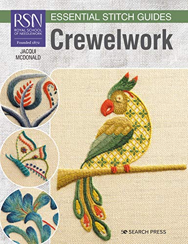Book cover featuring colorful crewelwork embroidery examples of birds and florals.