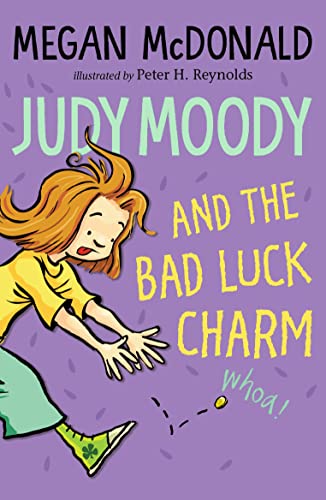 Book cover: Judy Moody tripping, with a charm falling from her hand.