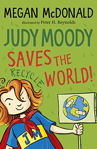 Book cover: Judy Moody, a girl with red hair, holding a bandaged Earth.