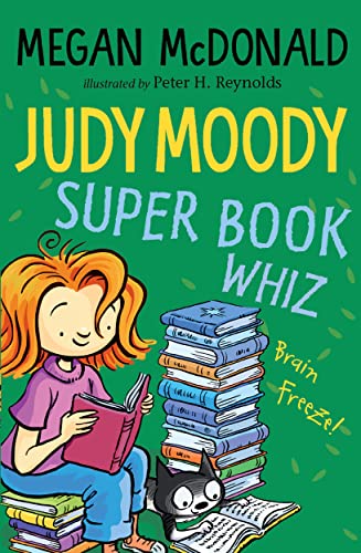 Book cover: girl reading with a tall stack of books and a cat.