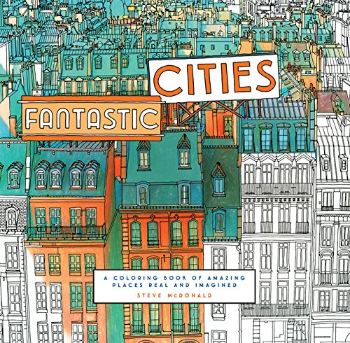 Coloring book cover featuring a detailed illustration of European-style city buildings with partial coloring.