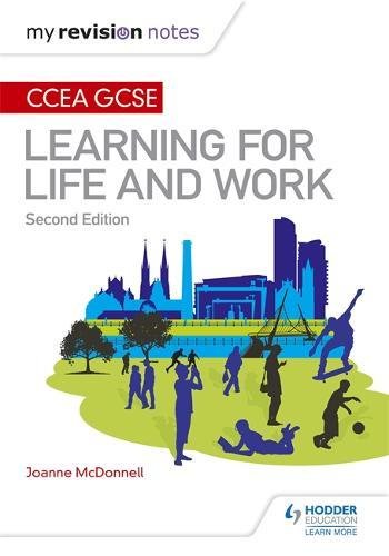 "Textbook cover with 'LEARNING FOR LIFE AND WORK' title, people in a park illustration."