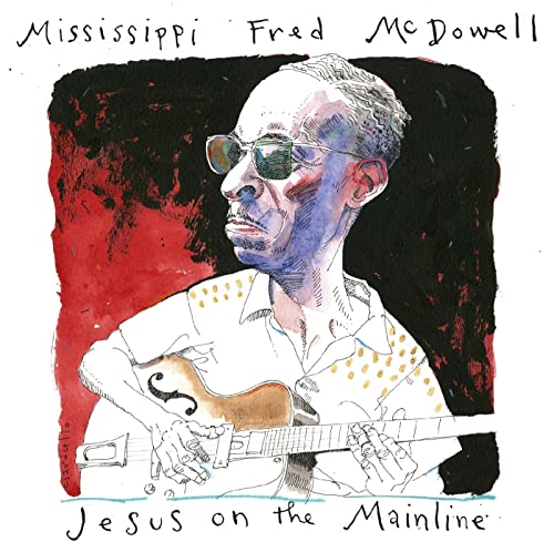 Watercolor portrait of Mississippi Fred McDowell playing an acoustic guitar.