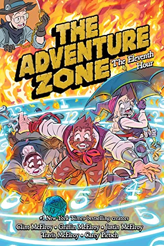 Comic book cover showing three characters amidst flames and a glowing clock face background.