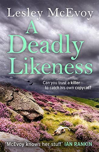 Book cover: “A Deadly Likeness” with a moorland landscape and skull.