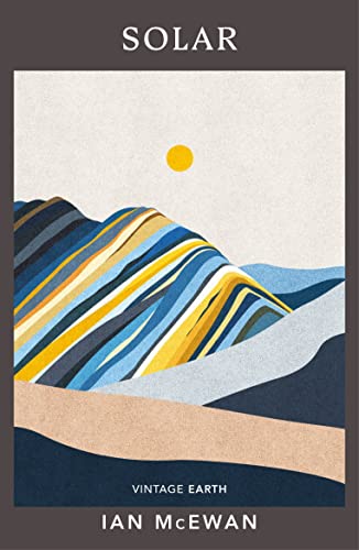 Book cover titled Solar by Ian McEwan featuring a stylized landscape with striped hills.