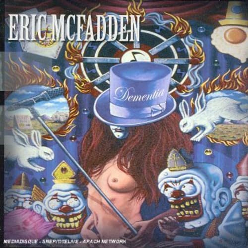 Surreal album cover featuring a top-hatted figure, clowns, and rabbits in a chaotic scene.