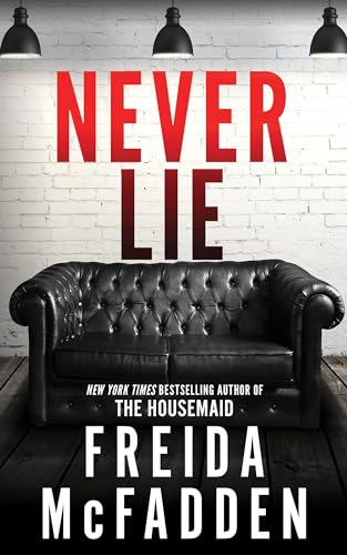 Book cover: “Never Lie” with red title, black sofa, and brick wall.