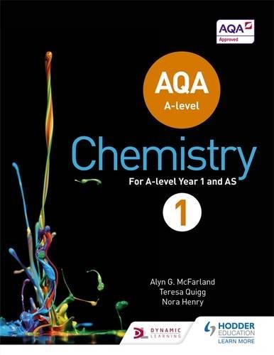 "A black textbook cover with 'AQA A-level Chemistry' and colorful liquid splash design."