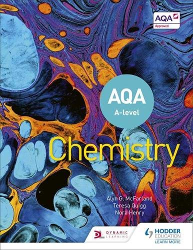 AQA A-Level Chemistry textbook cover with abstract blue and orange swirls.