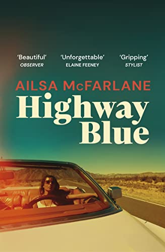 Book cover: "Highway Blue" with a woman driving a convertible.