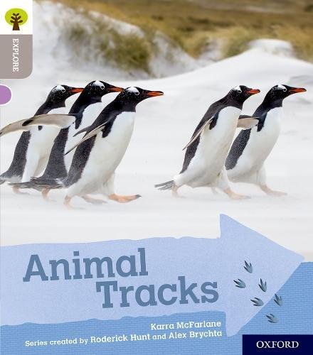 Book cover featuring penguins in a snowy landscape with "Animal Tracks" title.