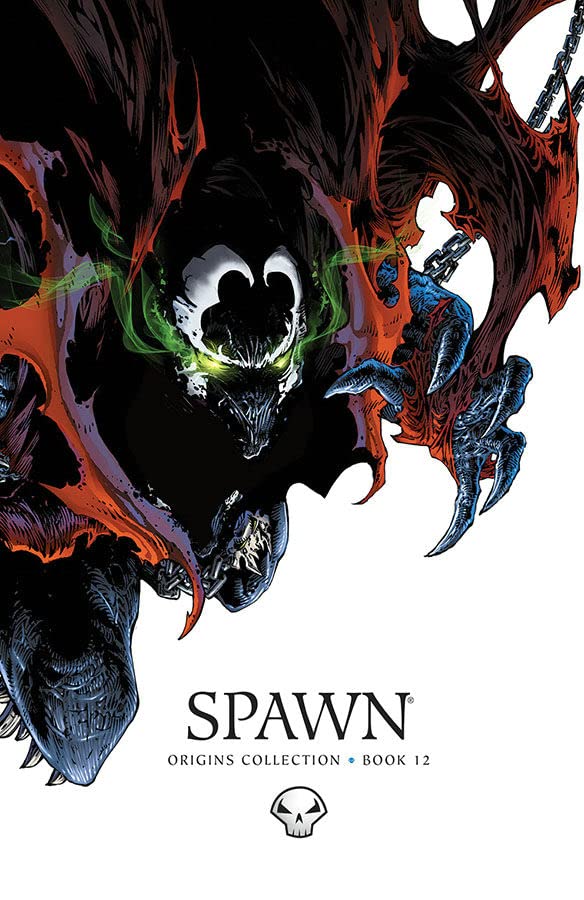 Spawn with glowing green eyes and a large red cape on a white background.