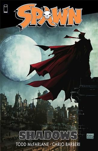 Spawn stands on a gothic rooftop before a full moon and city skyline.
