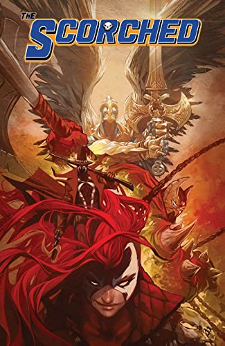 Comic book cover featuring armored figures and a woman with red hair.