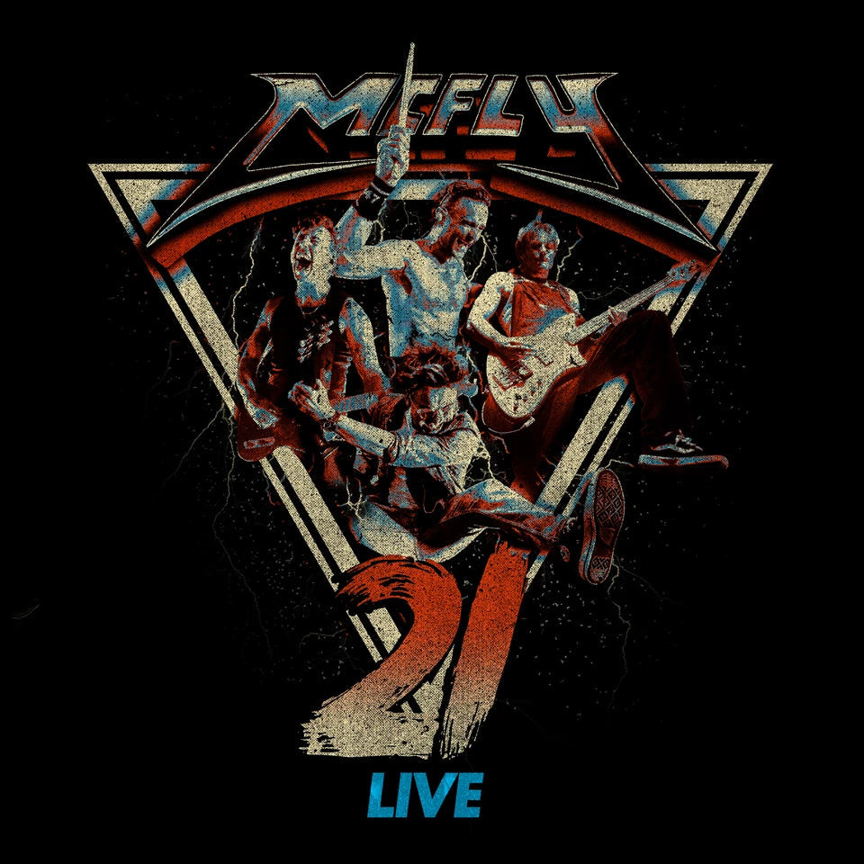 Mefly "21 Live" vinyl record cover with band illustration in a triangle.