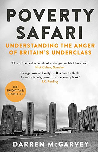 Book cover for Poverty Safari by Darren McGarvey featuring high-rise buildings against a cloudy sky.