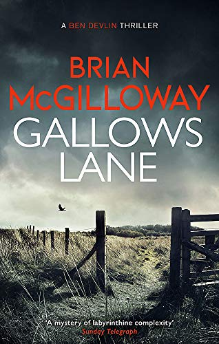 Book cover: dark landscape, fence posts, and large red text “Gallows Lane”.