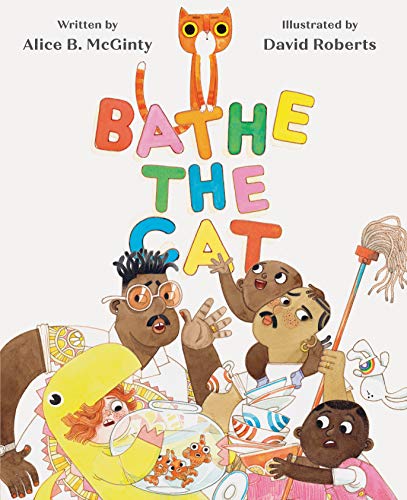 Book cover illustration featuring a family, a cat, and colorful text on white background.