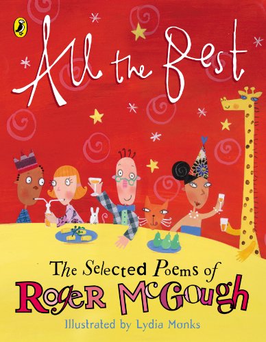 Red book cover with whimsical illustrations of people and a giraffe.