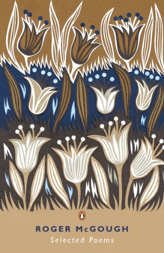 Book cover with stylized floral design in blue, brown, and white.