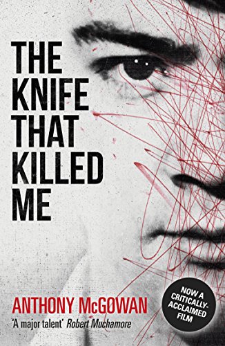 Book cover: close-up of a man’s face with red lines, titled “The Knife That Killed Me.”