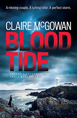 Book cover: stormy coast, lighthouse, woman’s silhouette, red title “Blood Tide”.