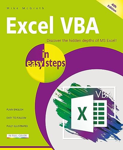 Book cover: “Excel VBA in easy steps”, green and purple design.