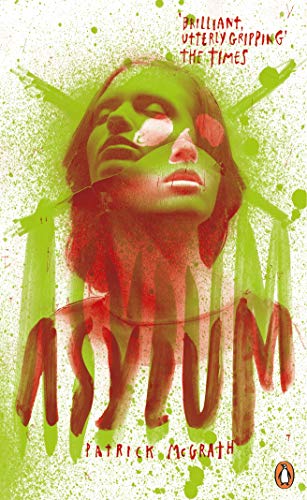 Book cover for “Asylum” with a distressed portrait and red splatters.