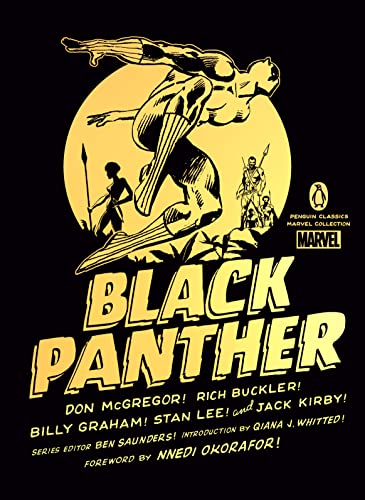 Black Panther book cover with golden illustration of a superhero in action.