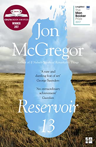 Book cover for "Reservoir 13" by Jon McGregor, with landscape background.