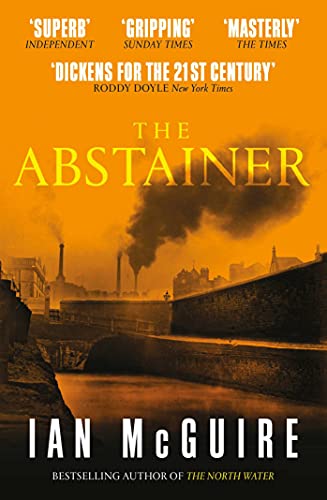 Book cover: "The Abstainer" with a smoky industrial cityscape background.