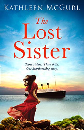 Book cover: woman in red dress facing a ship at sunset.